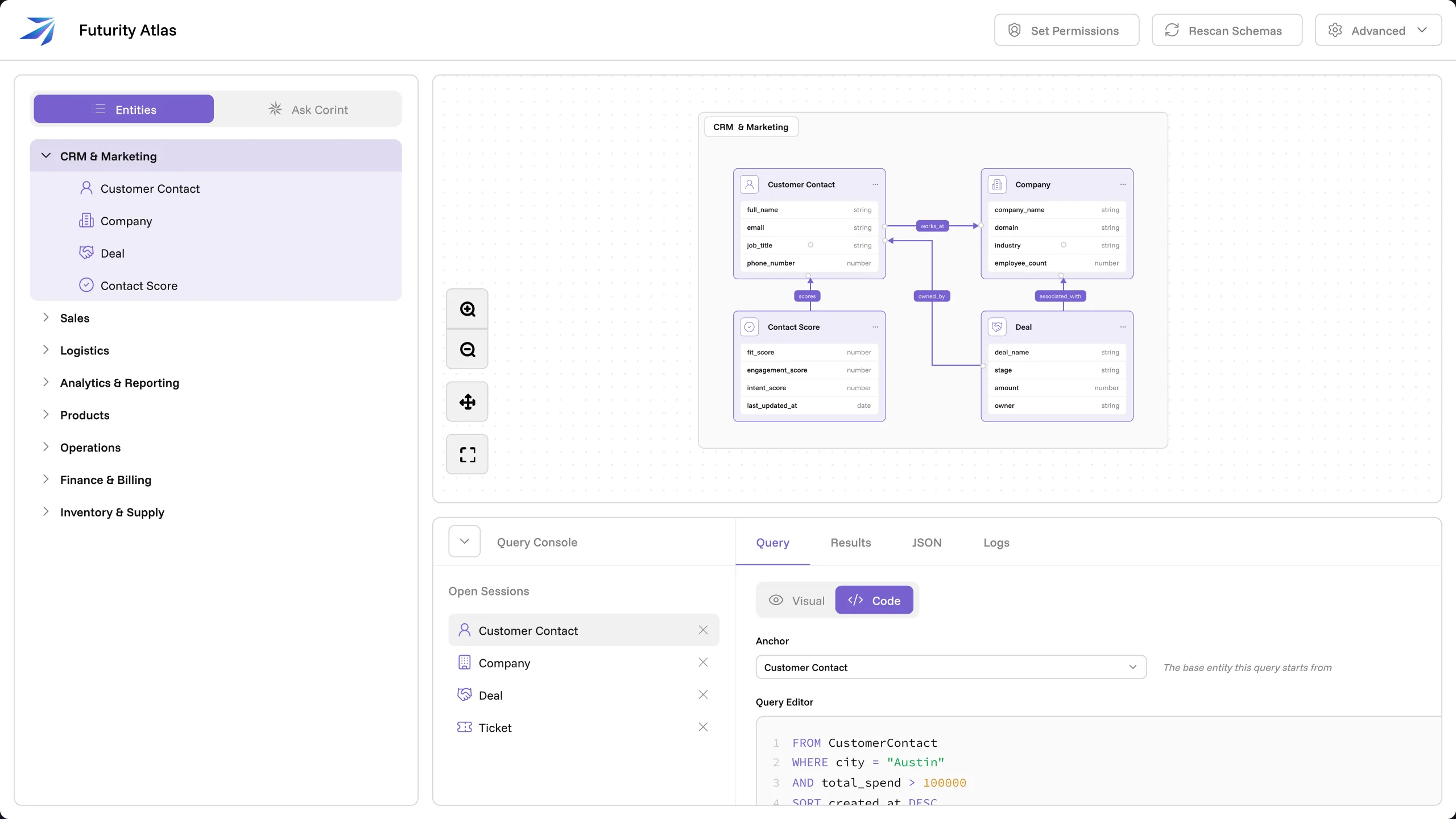 Atlas console: systems, data sets and a query